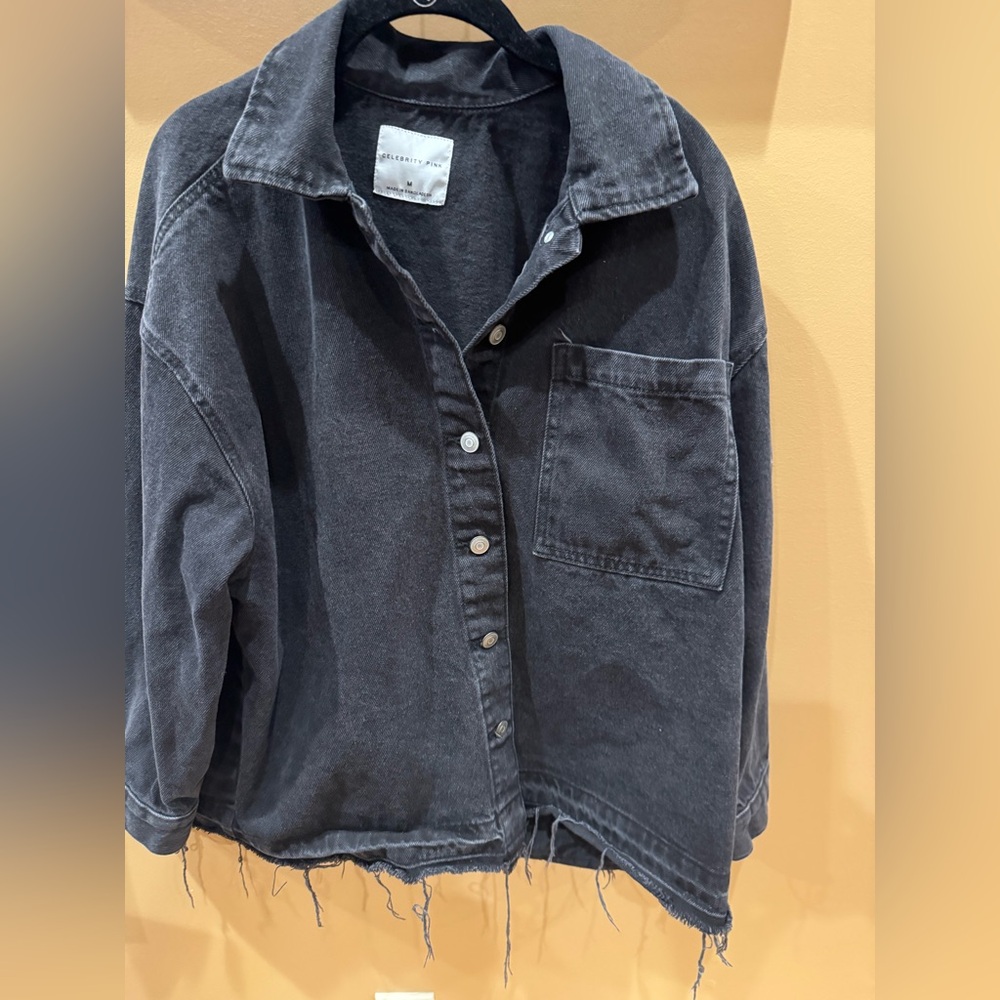 Celebrity Pink: Black Denim Frayed Hem Button-Up Women’s Jacket Size Medium